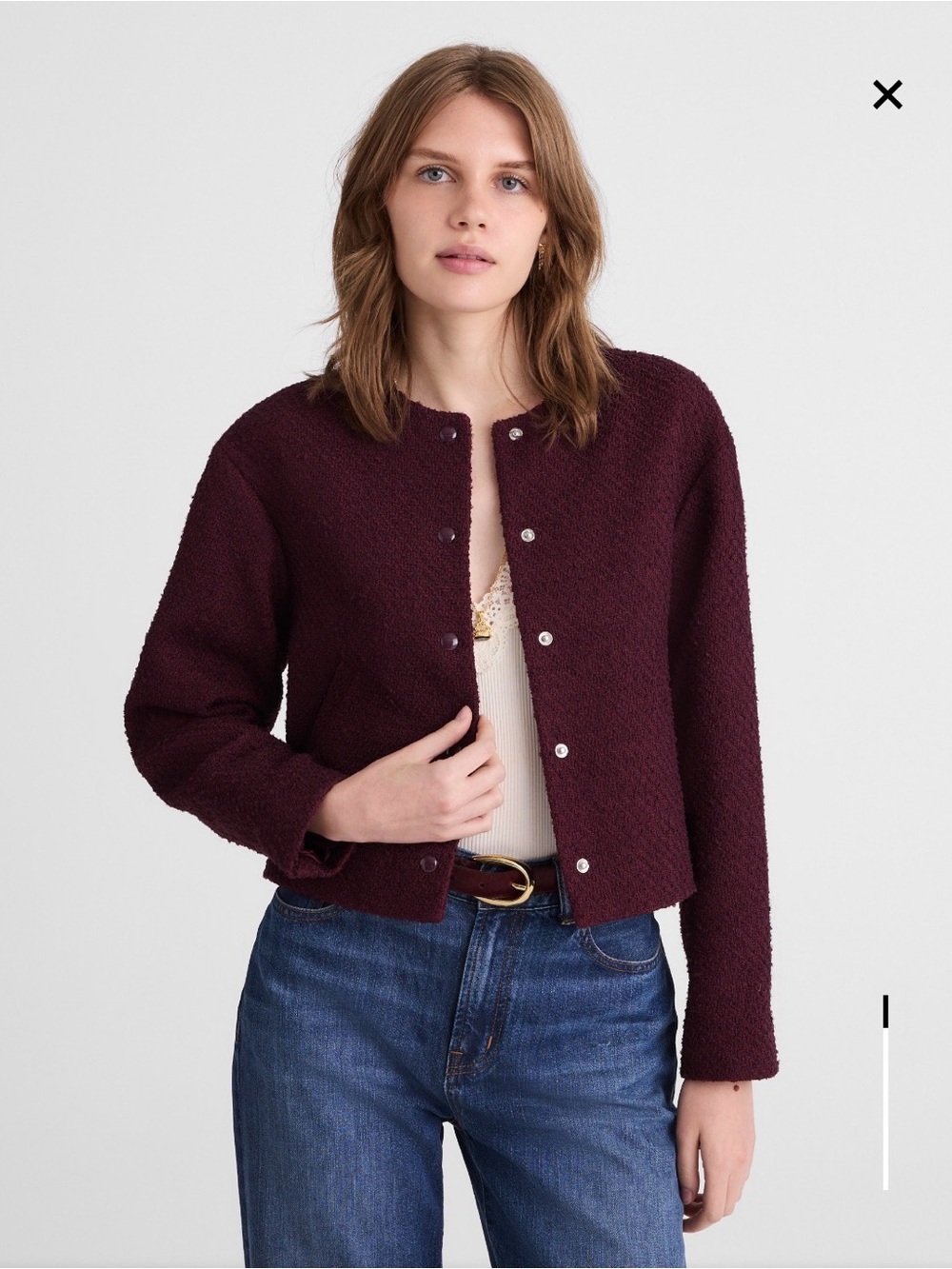MADEWELL Burgundy Tweed Cropped Collarless Jacket XS